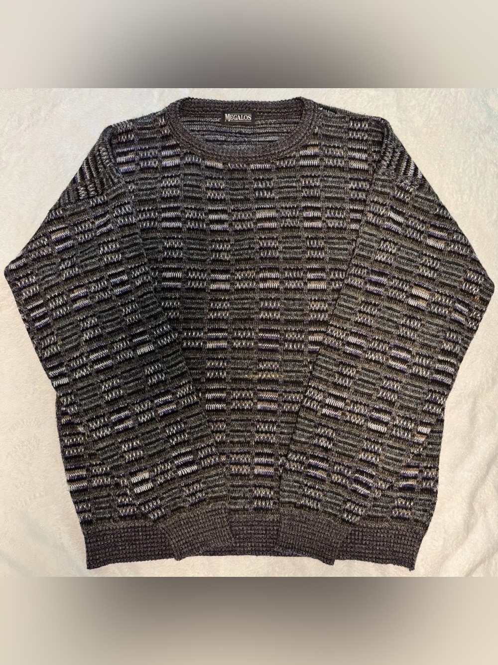 Vintage Megalos USA Made Abstract Geometric Knit Crewneck Sweater 90s